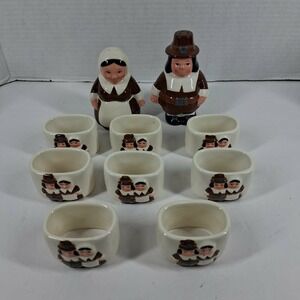 VTG Publix 2004 Thanksgiving Pilgrim Salt Pepper Shakers and 8 Napkin Rings Set